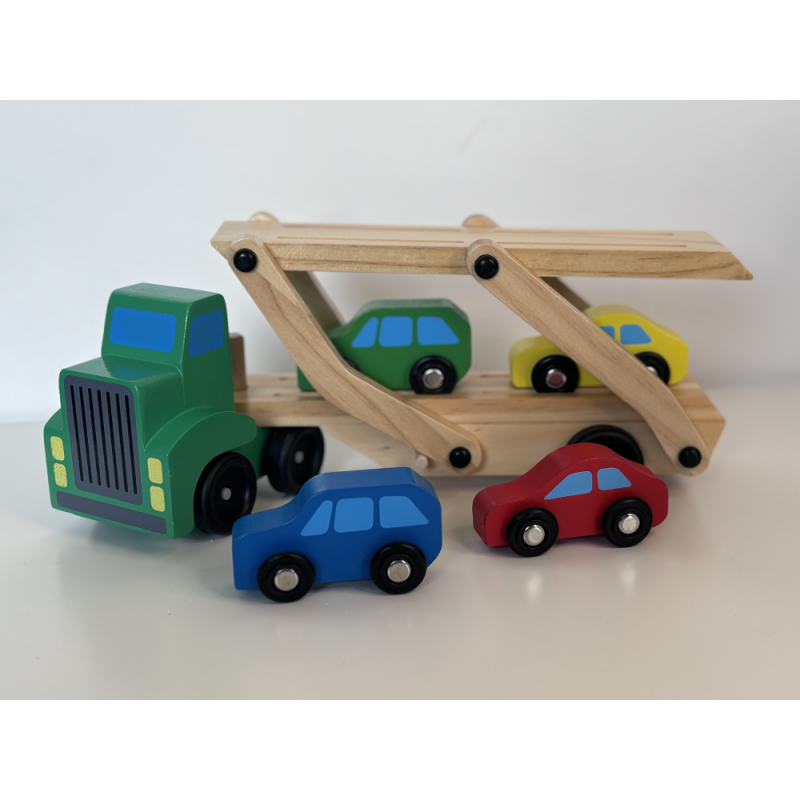 Zestaw drewniany Tir– laweta dwupoziomowa + zestaw kolorowych aut