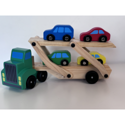 Zestaw drewniany Tir– laweta dwupoziomowa + zestaw kolorowych aut