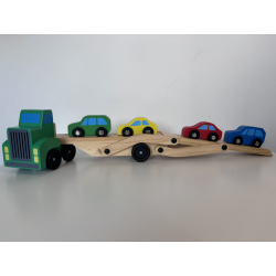 Zestaw drewniany Tir– laweta dwupoziomowa + zestaw kolorowych aut